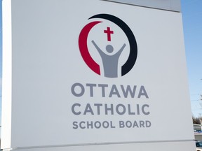 Sign for an Ottawa Catholic School Board buildling on West Hunt Club Road.