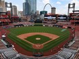 Jack Flaherty of the St. Louis Cardinals pitches in a live batting practice the first day of summer workouts at Busch Stadium on July 3, 2020 in St. Louis.