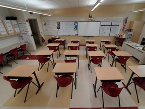 A school classroom sits empty.