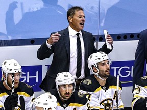 Head coach Bruce Cassidy of the Boston Bruins reacts against the Tampa Bay Lightning during the first overtime period in Game Five of the Eastern Conference Second Round during the 2020 NHL Stanley Cup Playoffs at Scotiabank Arena on Aug. 31, 2020 in Toronto.