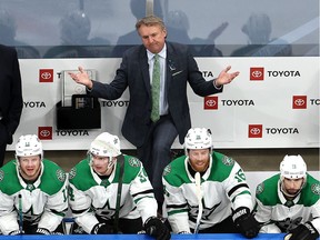 Head coach Rick Bowness of the Dallas Stars reacts after Joe Pavelski is called for a 10-minute misconduct against the Colorado Avalanche during the third period in Game Five of the Western Conference Second Round during the 2020 NHL Stanley Cup Playoffs at Rogers Place on August 31, 2020 in Edmonton, Alberta.