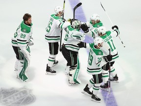 The Dallas Stars celebrate their 3-2 overtime victory against the Vegas Golden Knights in Game Five to win the Western Conference Final during the 2020 NHL Stanley Cup Playoffs at Rogers Place on Sept. 14, 2020 in Edmonton.