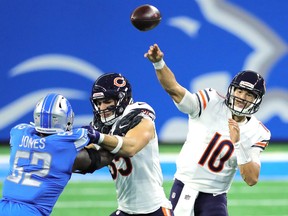 Chicago Bears' Mitchell Trubisky passes the ball during the fourth quarter of Sunday's game against the Detroit Lions.