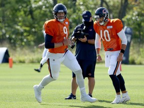 Nick Foles (left) was named the Chicago Bears starting QB over Mitchell Trubisky on Monday.