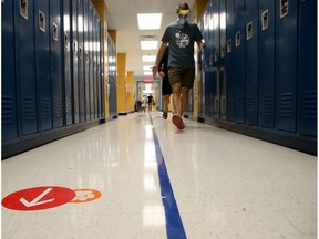 Arrows in the hallways mark which direction students are to move through the halls of École Maurice-Lapointe