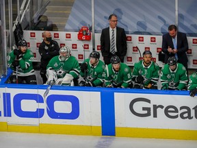 The Dallas Stars watch the Tampa Bay Lightning celebrate their Stanley Cup-clinching victory in Game 6 of the final series at Rogers Place on Monday, Sept. 28, 2020.