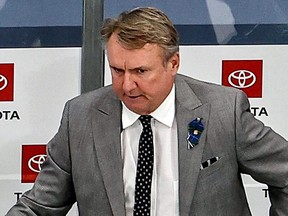 Head coach Rick Bowness of the Dallas Stars reacts during the third period against the Vegas Golden Knights in Game Four of the Western Conference Final during the 2020 NHL Stanley Cup Playoffs at Rogers Place on Sept. 12, 2020 in Edmonton.