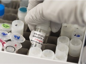 In this file photo Dr. Nita Patel, Director of Antibody discovery and Vaccine development, lifts a vial with a potential coronavirus, COVID-19, vaccine at Novavax labs in Gaithersburg, Maryland on March 20, 2020, one of the labs developing a vaccine for the coronavirus, COVID-19.