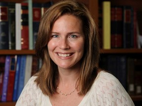 U.S. Court of Appeals for the Seventh Circuit Judge Amy Coney Barrett, a law professor at Notre Dame University, poses in an undated photograph obtained from Notre Dame University Sept. 19, 2020.