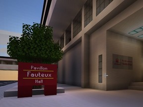An exterior view of the Minecraft version of Fauteux Hall on the University of Ottawa campus