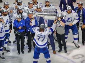 Tampa Bay Lightning defenseman Victor Hedman (77) hoists the Stanley Cup after the Lightning defeat the Dallas Stars in game six of the 2020 Stanley Cup Final at Rogers Place.