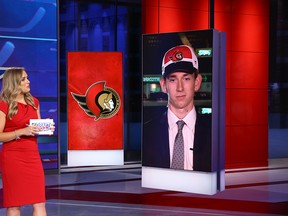 Jamie Hersch of the NHL Network interviews Senators draft pick Jake Sanderson on Tuesday.