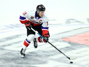 Alexis Lafreniere of Team White skates during the 2020 CHL/NHL Top Prospects Game against Team Red at FirstOntario Centre on January 16, 2020 in Hamilton, Canada.