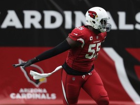 Linebacker Chandler Jones of the Arizona Cardinals celebrates after a turn over from the Washington Football Team during the first half of the NFL game at State Farm Stadium on September 20, 2020 in Glendale, Arizona.