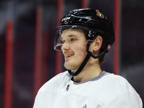 Rudolfs Balcers of the Ottawa Senators during morning practice at Canadian Tire Centre in 2019.