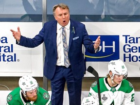 Rick Bowness of the Dallas Stars reacts during Game 1 of the Stanley Cup Final against the Tampa Bay Lightning at Rogers Place on September 19, 2020 in Edmonton.