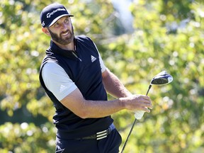 Dustin Johnson plays his shot from the tee during the second round of the 120th U.S. Open Championship on September 19, 2020 at Winged Foot Golf Club in Mamaroneck, New York.