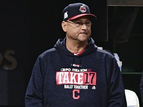 Cleveland Indians manager Terry Francona watches during Game 5 of the American League Division Series against the New York Yankees, Wednesday, Oct. 11, 2017, in Cleveland.