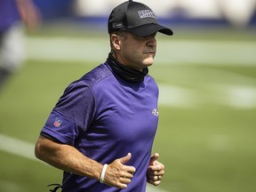 Head coach John Harbaugh of the Baltimore Ravens looks on before the game against the Cleveland Browns at M and T Bank Stadium on September 13, 2020 in Baltimore.