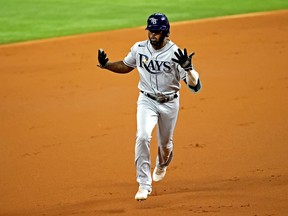 Tampa Bay Rays' Randy Arozarena rounds the bases after hitting a home run during the first inning against the Los Angeles Dodgers during Game 6 of the World Series at Globe Life Field in Arlington, Texas, on Tuesday, Oct. 27, 2020.