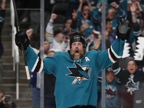 Sharks' Joe Thornton celebrates his goal against the Golden Knights during the first period of Game 2 of an NHL first-round playoff series Friday, April 12, 2019, in San Jose, Calif.