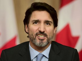 Prime Minister Justin Trudeau provides an update on the COVID pandemic during a press conference in Ottawa on Tuesday, Oct. 27, 2020.