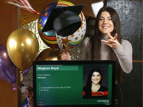 Meghan Boyd celebrates her Algonquin College virtual graduation ceremony in Calgary on Wednesday.