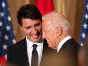 Prime Minister Justin Trudeau and Joe Biden, then the U.S. Vice President, enjoy a moment together in Ottawa in 2016.