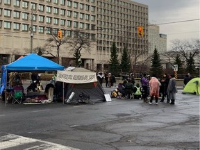 Demonstrators camped out overnight at the intersection of Laurier and Nicholas.
