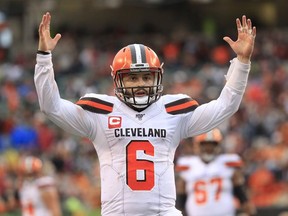 Baker Mayfield of the Cleveland Browns celebrates after throwing a touchdown pass during the game against the Cincinnati Bengals at Paul Brown Stadium on December 29, 2019 in Cincinnati, Ohio.