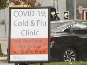 A car is pictured at a testing clinic in Brampton's Peel Memorial Centre hospital on Nov. 1, 2020.