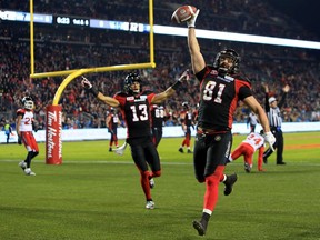 Patrick Lavoie of the Ottawa Redblacks scores a touchdown during the first half of the 104th Grey Cup Championship Game against the Calgary Stampeders at BMO Field on November 27, 2016 in Toronto, Canada.