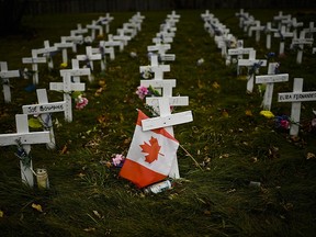 Crosses are displayed in memory of the elderly who died from COVID-19 at the Camilla Care Community facility during the COVID-19 pandemic in Mississauga, Ont., on Thursday, November 19, 2020.