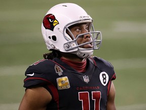 Larry Fitzgerald of the Arizona Cardinals stands on the sidelines during their game against the Seattle Seahawks at Lumen Field on November 19, 2020 in Seattle.