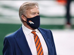 Denver Broncos President of Football Operations/General Manager John Elway looks on during warm ups against the New York Jets at MetLife Stadium on Oct. 1, 2020 in East Rutherford, N.J.