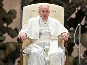 Pope Francis attends the weekly general audience in Aula Paolo VI at the Vatican, Oct. 28, 2020.
