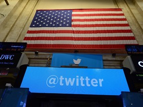 In this file photo taken on November 7, 2013 the logo of Twitter is viewed at the New York Stock Exchange (NYSE) in New York.