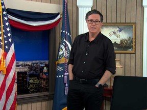 Stephen Colbert is pictured while doing his monologue for his show on Thursday night.