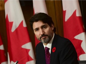 Prime Minister Justin Trudeau speaks during a press conference in Ottawa on Monday, Nov. 9, 2020.