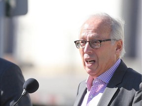 Former Mayor Sam Katz  and current Mayor, Brian Bowman (left), in Winnipeg.  Katz was on scene to participate in the honorary renaming of Portage Ave E to Winnipeg Goldeyes Way.   Thursday, September 28, 2017.   Sun/Postmedia Network