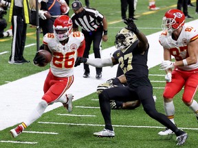 Chiefs running back Le’Veon Bell scores a touchdown against the Saints during the fourth quarter yesterday.