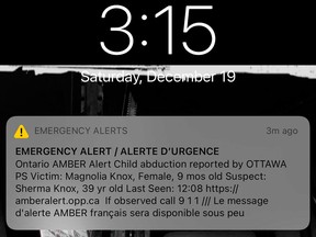 A screen shot of an emergency alert sent to mobile devices in Ontario on Saturday. The emergency Amber Alert actually duplicated an emergency notice sent Friday.