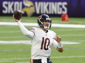 Chicago Bears' Mitchell Trubisky throws a pass against the Minnesota Vikings.