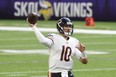 Chicago Bears' Mitchell Trubisky throws a pass against the Minnesota Vikings.