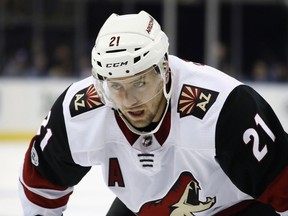 NEW YORK, NY - OCTOBER 26:  Derek Stepan #21 of the Arizona Coyotes skates against the New York Rangers during the first period at Madison Square Garden on October 26, 2017 in New York City.