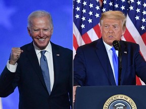 This combination of pictures created on November 4, 2020 shows Democratic presidential nominee Joe Biden after speaking during election night at the Chase Center in Wilmington, Delaware, and President Donald Trump during election night in the East Room of the White House.