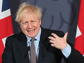 Prime Minister Boris Johnson holds a press conference on reaching a Brexit trade deal in Downing Street on December 24, 2020 in London.