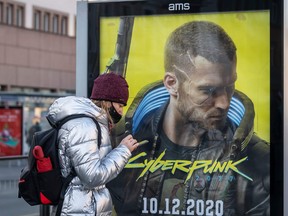 An advertisment of Cyberpunk 2077 game is seen on Dec. 4, 20202 before the expected release of Cyberpunk 2077 game, in Warsaw, Poland.