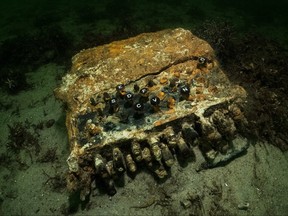 A rare Enigma cipher machine used by the Nazi military during the Second World War is pictured on the seabed of Gelting Bay near Flensburg, Germany Nov. 11, 2020.