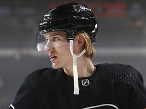 Oskar Lindblom of the Philadelphia Flyers looks on prior to the game against the Detroit Red Wings at the Wells Fargo Center on November 29, 2019 in Philadelphia.